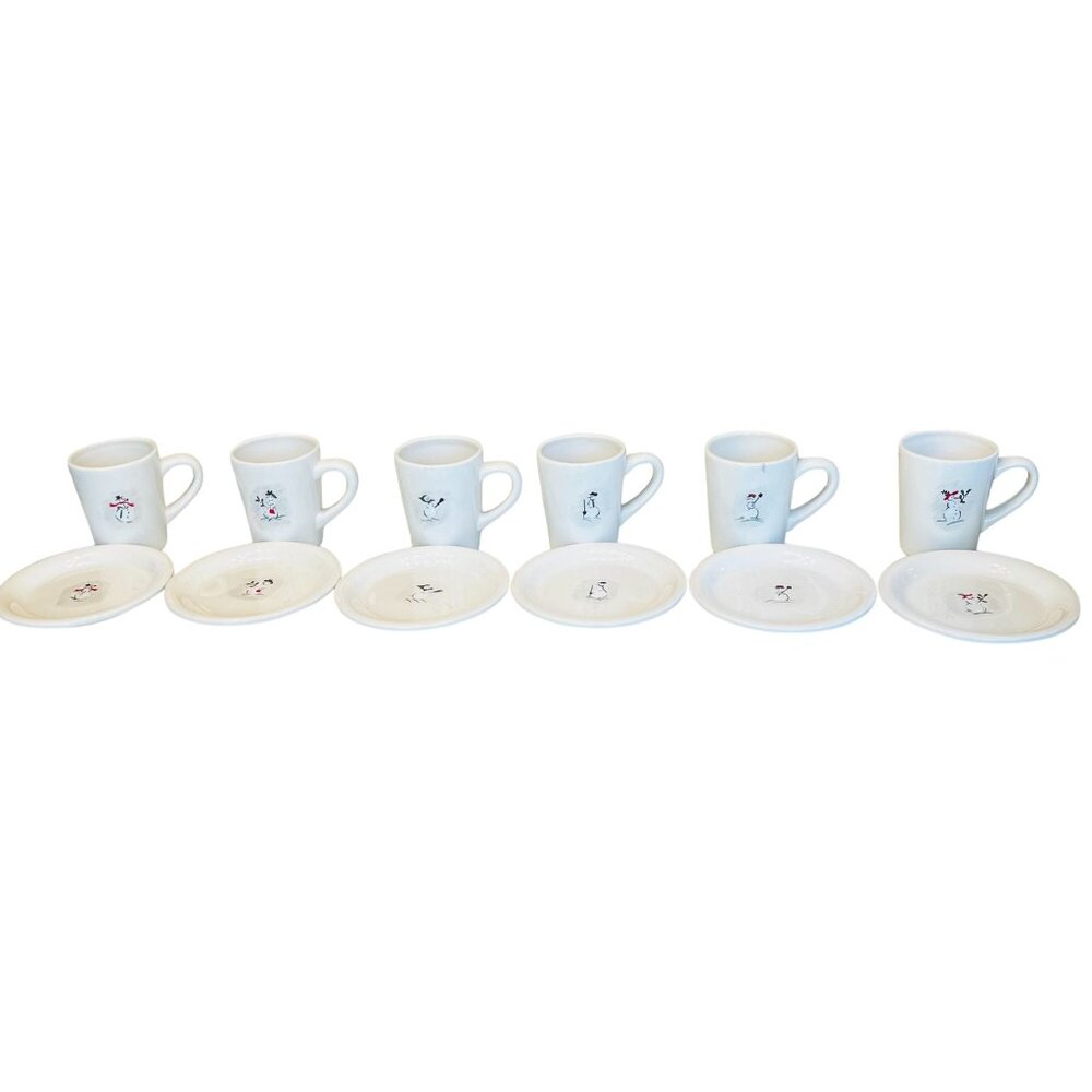 Williams-Sonoma Set Of 6 Snowman Christmas Mugs & Dessert Plates 2003 Vintage